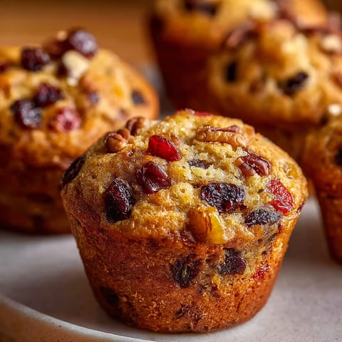 A plate of muffins with fruit toppings, including cranberries and walnuts, is displayed.