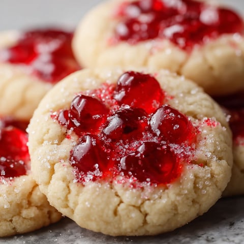 A close up of a sugar cookie with a cherry on top.