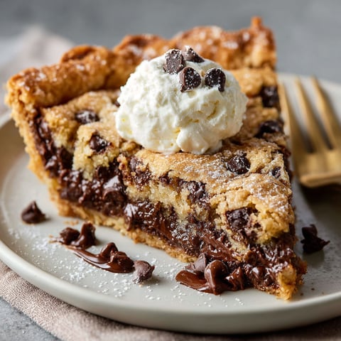 A slice of Easy Chocolate Chip Cookie Pie with a dollop of whipped cream on top.