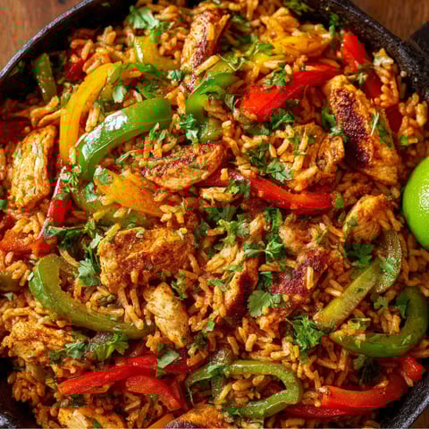 A delicious Chicken Fajita Rice dish is served in a bowl, featuring rice, chicken, peppers, and onions.