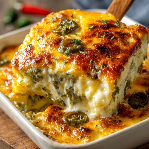 A delicious chile relleno casserole with a generous amount of cheese and green peppers.