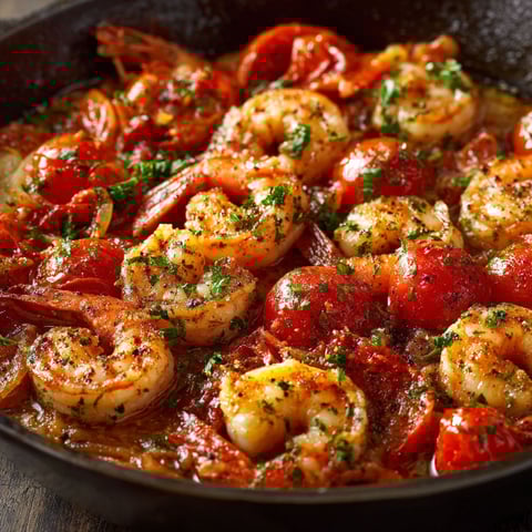 A delicious Shrimp Recipe with Tomatoes is cooked in a pan.