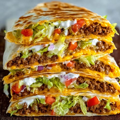A stack of three Crunchwrap Supremes, filled with lettuce, tomatoes, and cheese, sits on a table.