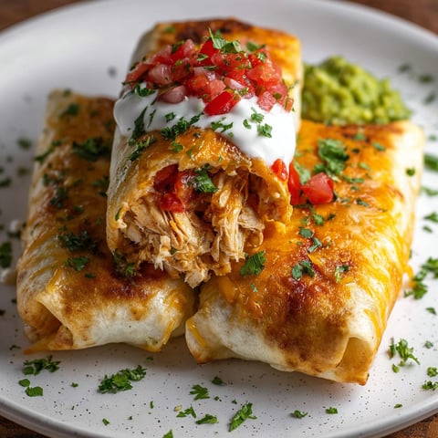 A plate of chicken chimichangas with tomatoes and sour cream on top.
