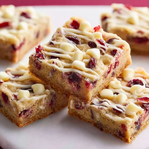 A plate of Cranberry Bliss Bars with white icing and red cranberries.