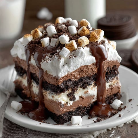 A delicious Hot Chocolate Lasagna Dessert is served on a plate with a fork.