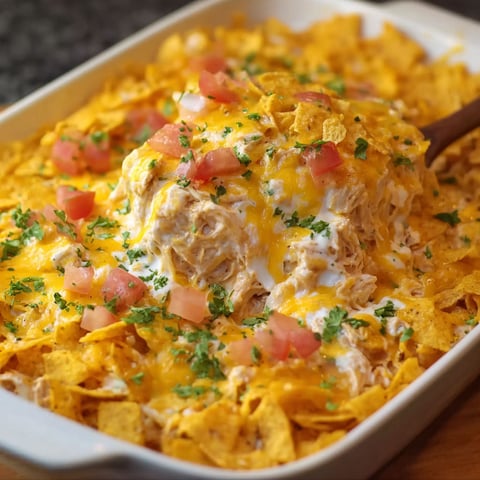 A delicious Dorito Chicken Creamy Casserole is served in a white dish.