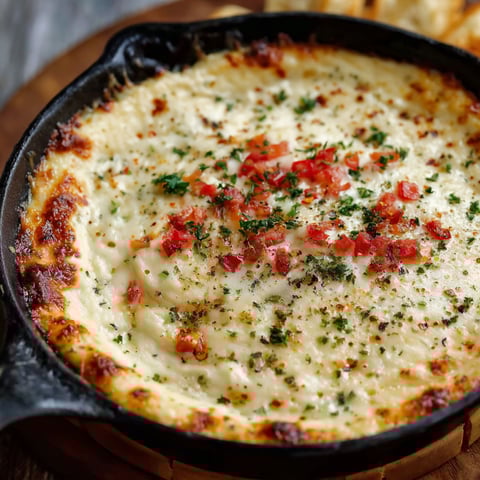 A delicious Smoked Mozzarella Fonduta is ready to be served in a black skillet.