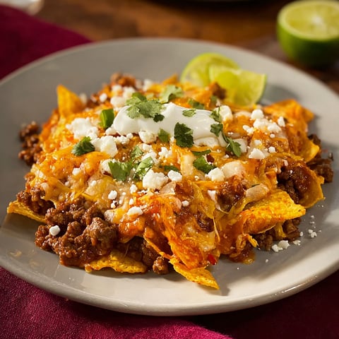 A delicious plate of nacho cheese beef red enchilada casserole.