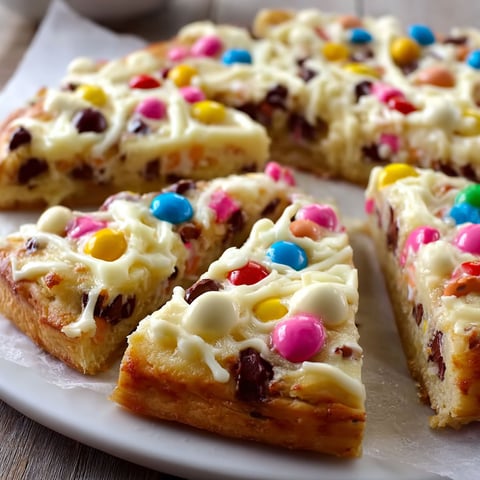 A slice of White Chocolate Brownie Pizza with M&M's on top.