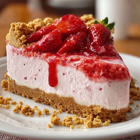 A slice of Strawberry Crunch Cheesecake with a drizzle of strawberry sauce on a white plate.