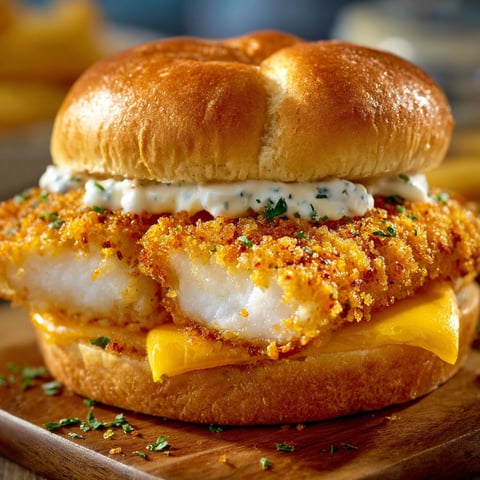 A delicious McDonald's Filet-O-Fish sandwich, featuring breaded fish, tartar sauce, and lettuce, is served on a wooden tray.