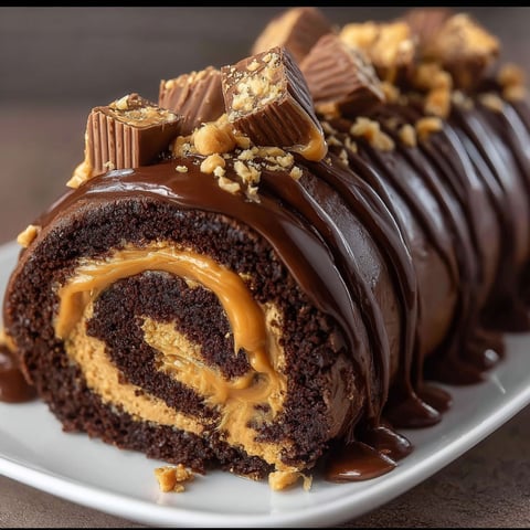 A delicious chocolate roll cake with peanut butter and nuts on top.