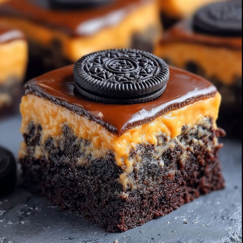 A slice of Oreo layered Halloween brownies with a chocolate topping.