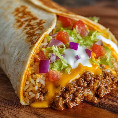 A close-up of a delicious Taco Bell Inspired Beefy Melt Burrito, filled with rice, tomatoes, lettuce, and cheese.