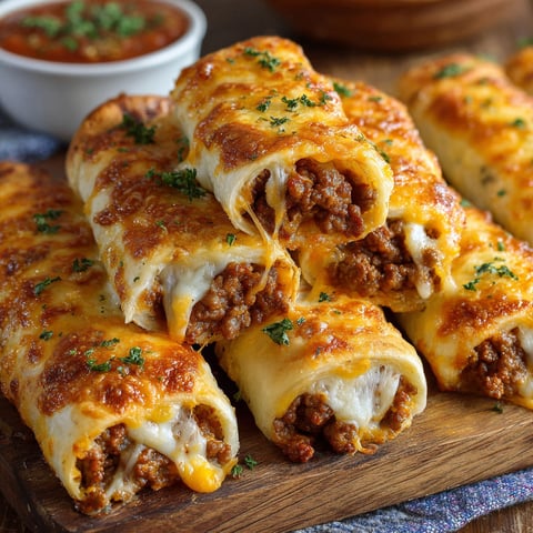 A delicious cheesy taco breadsticks delight is displayed on a wooden cutting board.