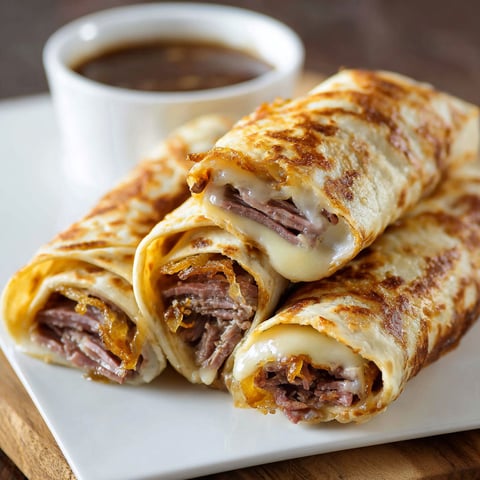 Two French Dip Tortilla Roll Ups filled with meat and cheese, served with a side of dipping sauce.