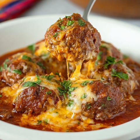 A bowl of cheesy Mexican meatballs with a spoon in it.