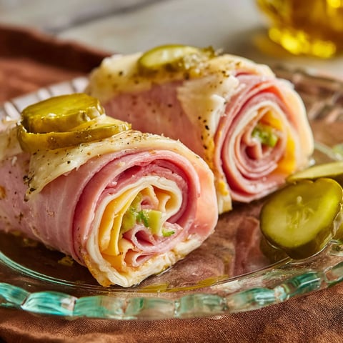 A plate of Italian Sub Roll-Ups with pickles and meat.