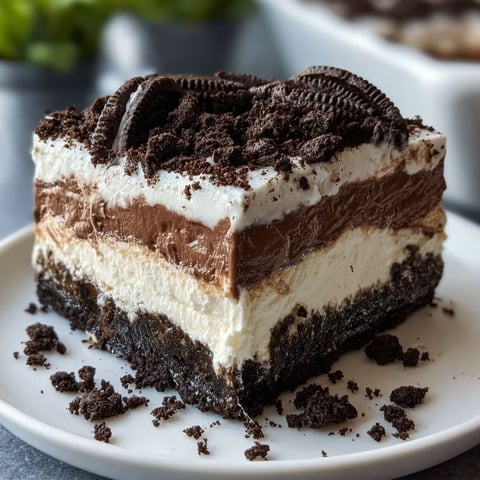 A slice of Oreo Lasagna, a delicious dessert made with layers of cookies and cream.