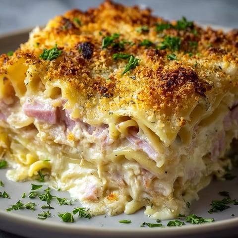 A delicious Chicken Cordon Bleu Lasagna is served on a plate.