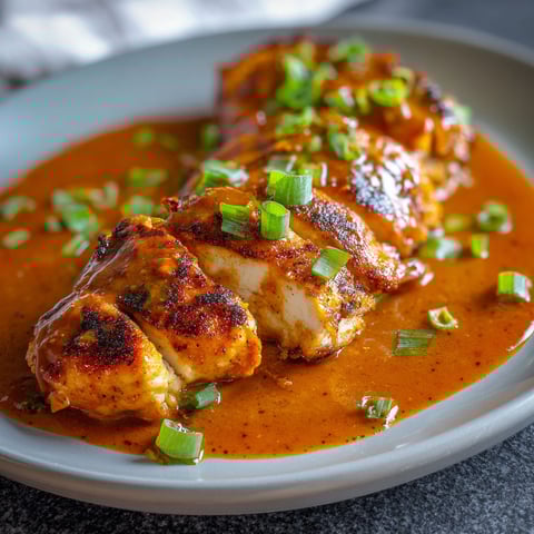 A plate of Spicy Sweet Chicken Diablo with a generous amount of sauce.