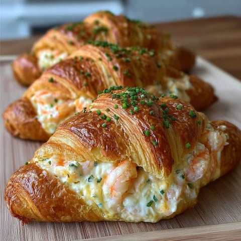 A delicious looking Buttery Shrimp Stuffed Croissant is displayed on a wooden cutting board.