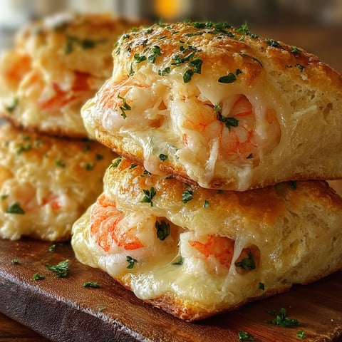 A stack of three biscuits filled with shrimp and crab meat.