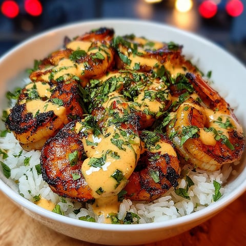 A bowl of rice with shrimp and a creamy chipotle sauce, making a delicious and flavorful dish.