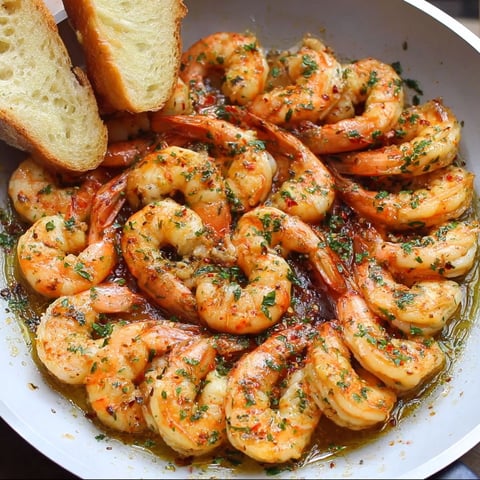 A plate of Garlic Pan Shrimp with a side of bread.