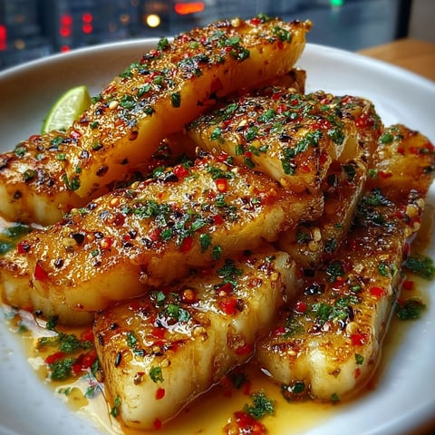 A plate of garlic butter cod strips with sweet chili lime sauce.