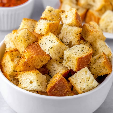 A bowl filled with croutons, a popular snack made from bread, is displayed on a table.
