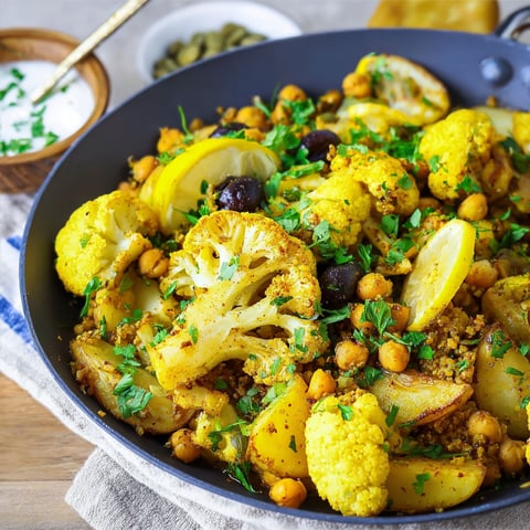 A delicious and healthy meal of Turmeric Cauliflower and Chickpea.