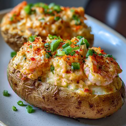 Two stuffed potatoes filled with shrimp and cheese, garnished with green onions.