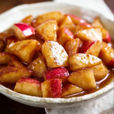 A bowl of apples covered in a cinnamon sauce.