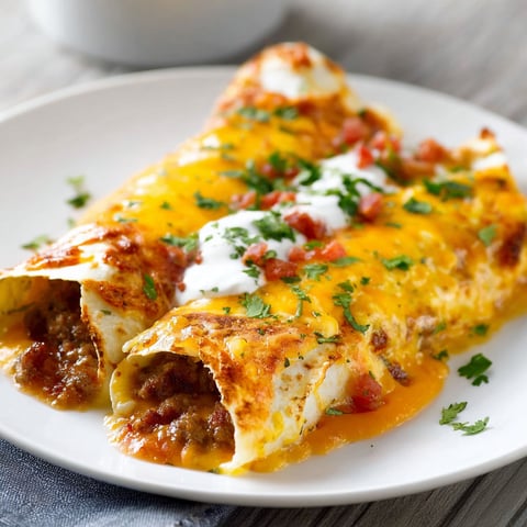 A delicious breakfast enchilada is served on a white plate, topped with cheese, tomatoes, and sour cream.