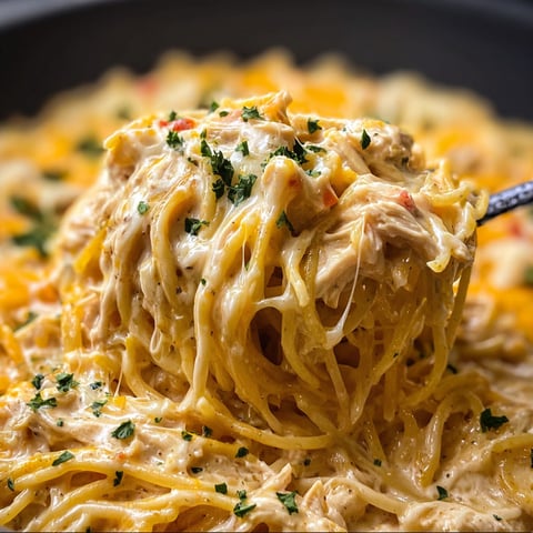 A close up of a delicious Creamy Crockpot Chicken Spaghetti dish.
