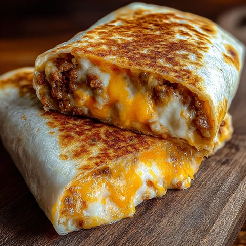 A delicious grilled cheese burrito is served on a wooden cutting board.