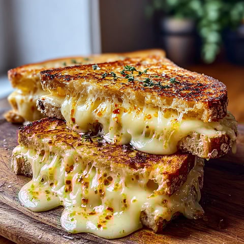 A close up of a delicious cheese toastie with melted cheese and a hint of herbs.