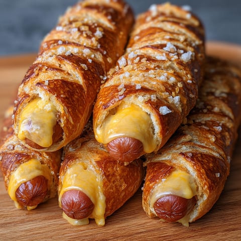 A delicious and cheesy pretzel dog is ready to be enjoyed.