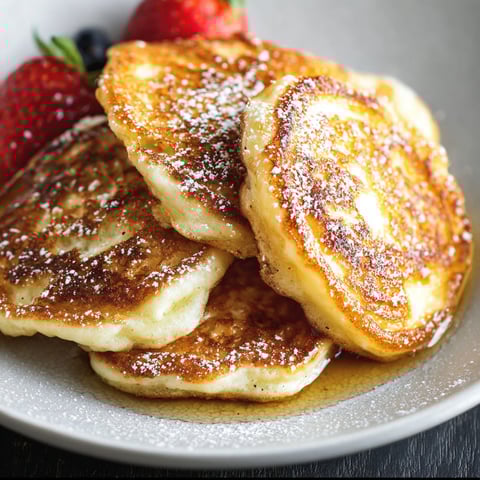 A stack of cottage cheese pancakes with powdered sugar on top.