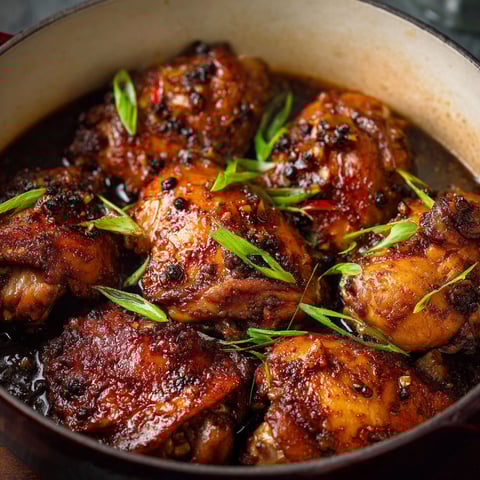 A pot of chicken with a sauce, possibly adobo, is cooked and ready to be served.