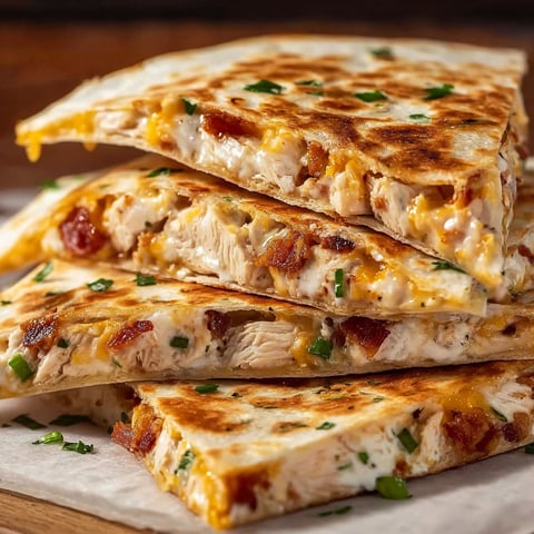 A stack of Chicken Bacon Ranch Quesadillas on a table.
