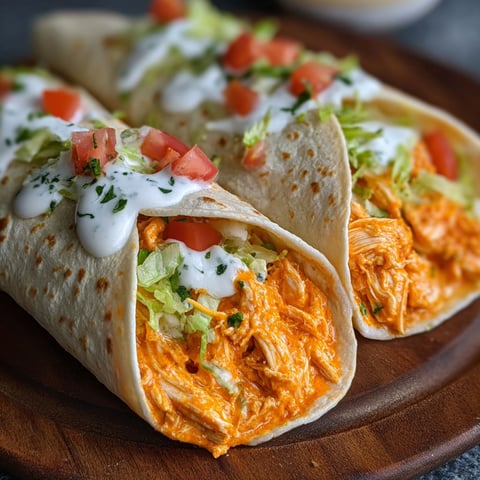 Two delicious High Protein Cheesy Buffalo Chicken wraps, filled with chicken and cheese, are served on a wooden platter.