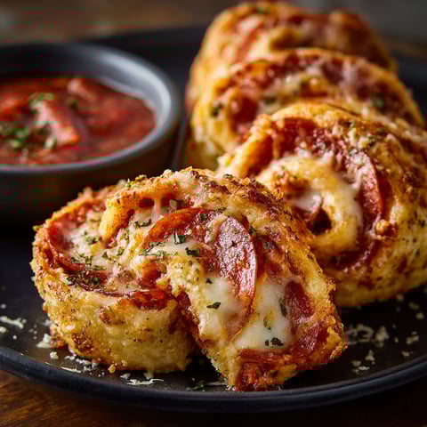A plate of cheesy pepperoni pizza roll-ups sits on a table.