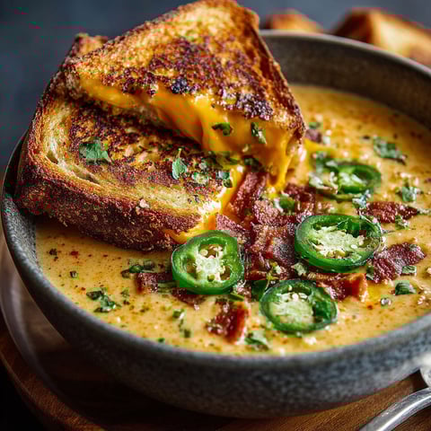 A bowl of soup with grilled cheese and jalapenos.