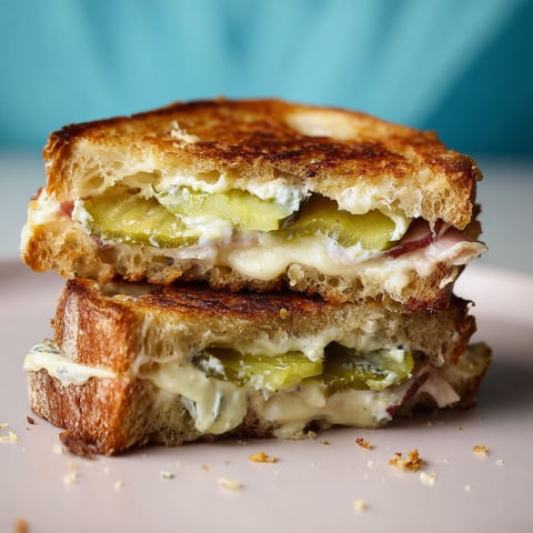 A sandwich with prosciutto, pickle, and cream cheese on a plate.