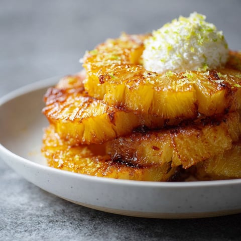 A plate of caramelized pineapple slices with a dollop of whipped cream on top.
