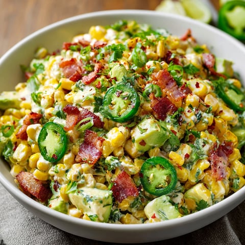 A bowl of Creamy Avocado Corn Salad is filled with a variety of ingredients, including corn, jalapenos, and bacon.