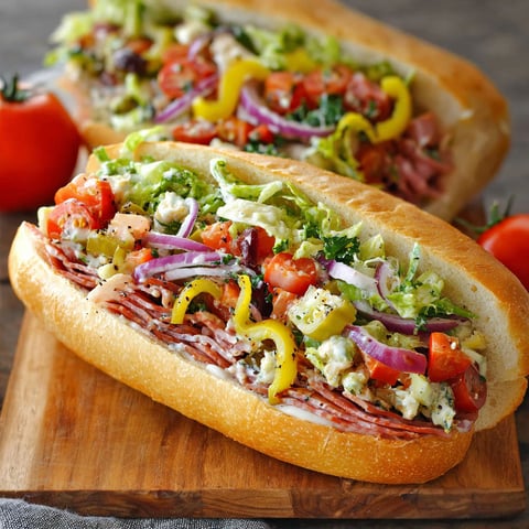 A delicious Italian sandwich with meat, lettuce, tomatoes, and cheese.